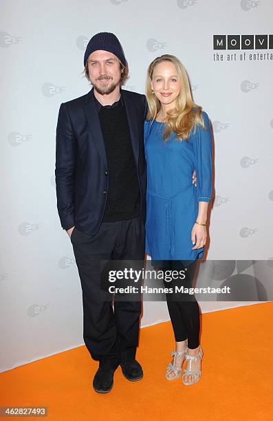Actor Lars Eidinger and Petra Schmidt-Schaller attend the premiere of the film 'Der Clan. Die Geschichte der Familie Wagner' at Gloria Palast on...