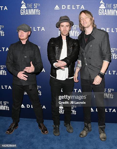 Musicians Rick Woolstenhulme, Jr., Jason Wade and Bryce Soderberg of Lifehouse attend a celebration of the 57th annual GRAMMY Awards hosted by Delta...