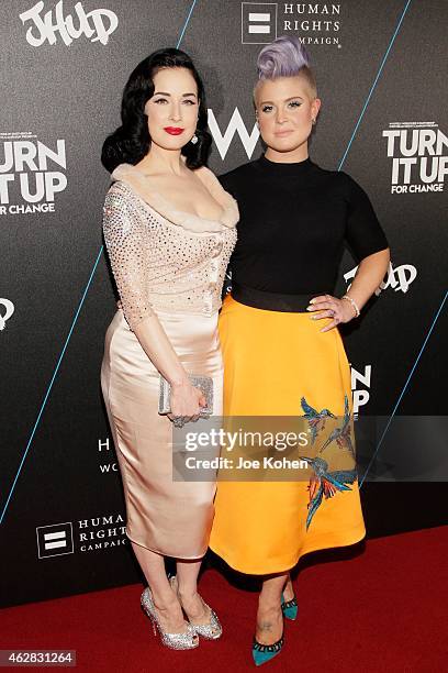 Dita Von Teese and Kelly Osbourne attend Turn It Up For Change ball to benefit HRC at W Hollywood on February 5, 2015 in Hollywood, California.