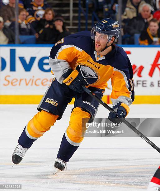 Linus Omark of the Buffalo Sabres skates against the New Jersey Devils on January 4, 2014 at the First Niagara Center in Buffalo, New York.