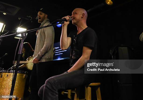 Ben Wysocki and Isaac Slade of the Rock Band The Fray perform at the 104.3 MY FM Soul By Ludacris Headphones Studio on January 15, 2014 in Burbank,...