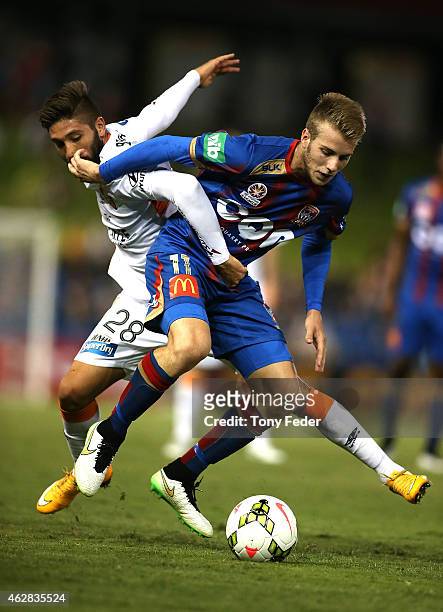 Andrew Hoole of the Jets contests the ball with Brandon Borrello of the Roar during the round 16 A-League match between the Newcastle Jets and...