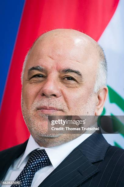 Iraqi Prime Minister Haider Al-Abadi speaks to the media after a meeting with German Chancellor Angela Merkel at the Chancellery on February 06, 2015...