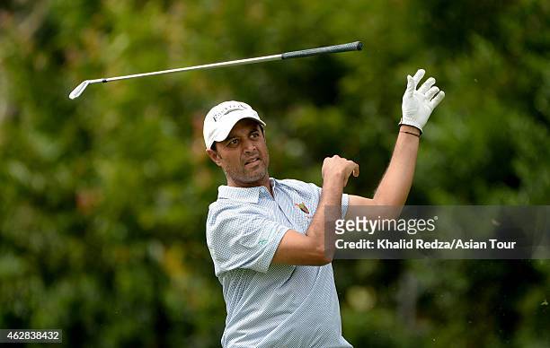 Arjun Atwal of India plays a shot during round two of the Maybank Malaysian Open at Kuala Lumpur Golf & Country Club on February 6, 2015 in Kuala...