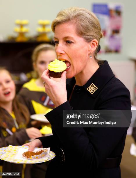 Sophie, Countess of Wessex, President of Girlguiding, eats a Brownies 100th birthday cupcake as she visits 5th Frimley Brownies on January 15, 2014...