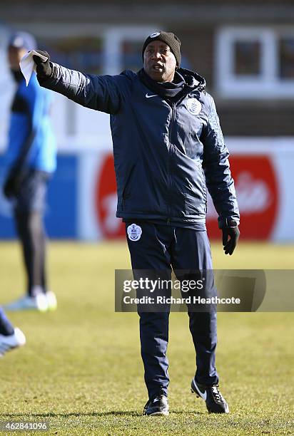 Caretaker manager Chris Ramsey in action during a Queens Park Rangers training session at the Harlington Sports Ground on February 6, 2015 in...