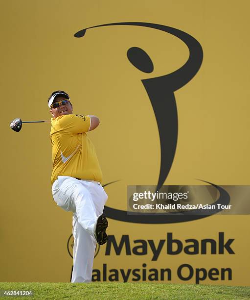 Kiradech Aphibarnrat of Thailand plays a shot during round two of the Maybank Malaysian Open at Kuala Lumpur Golf & Country Club on February 6, 2015...