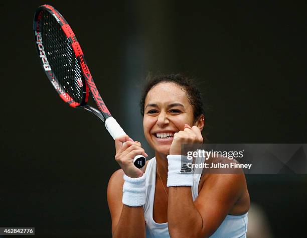 Heather Watson of Great Britain celebrates defeating Elina Svitolina of Ukraine during day three of the Fed Cup/Africa Group One tennis at Syma Event...