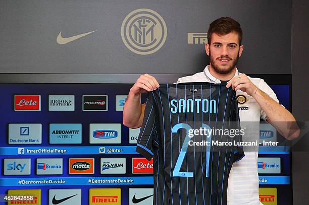 Davide Santon, new signing for FC Internazionale Milano poses with the club shirt during a press conference at the club's training ground on February...