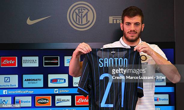Davide Santon, new signing for FC Internazionale Milano poses with the club shirt during a press conference at the club's training ground on February...
