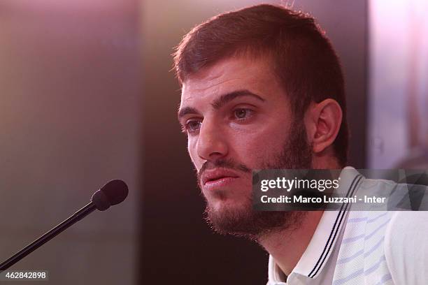 Davide Santon, new signing for FC Internazionale Milano speaks to the media during a press conference at the club's training ground on February 6,...