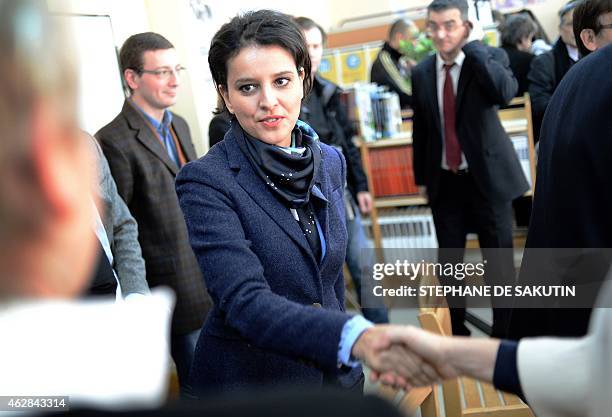 French Education Minister Najat Vallaud-Belkacem arrives for a meeting at the Pierre de Ronsard primary school in Paris on February 6, 2015. AFP...