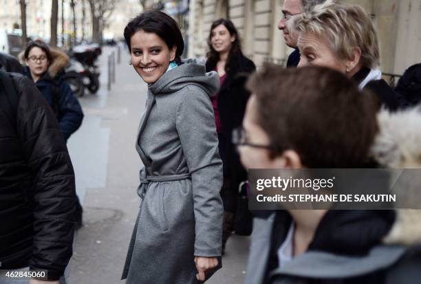 French Education Minister Najat Vallaud-Belkacem speaks with pupils on February 6, 2015 at the Pierre de Ronsard primary school in Paris. AFP PHOTO /...