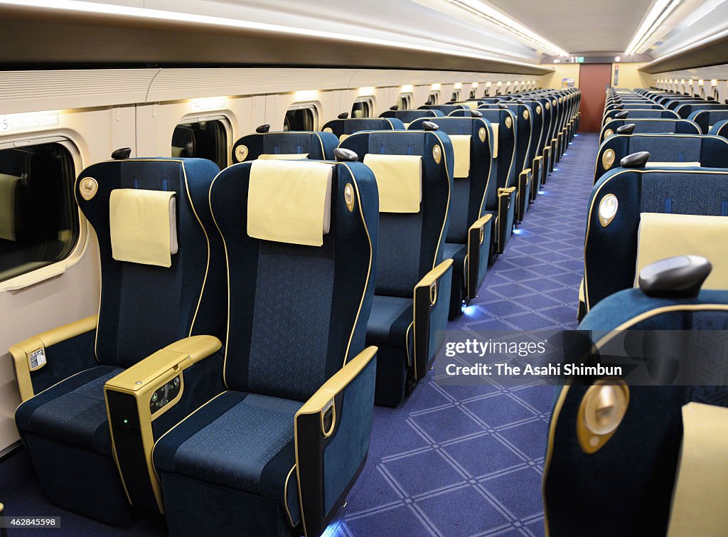 'Green Car' first class coach is seen during the Hokuriku Shinkansen ...