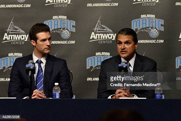 Orlando Magic CEO Alex Martins and General Manager Rob Hennigan introduce James Borrego as head coach during a press conference on February 5, 2015...