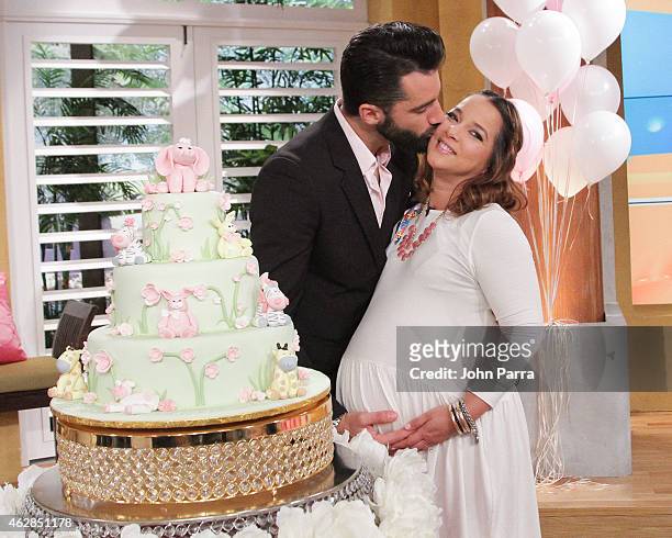 Toni Costa and Adamari Lopez pose during their baby shower at Telemundo Studio on February 6, 2015 in Miami, Florida.