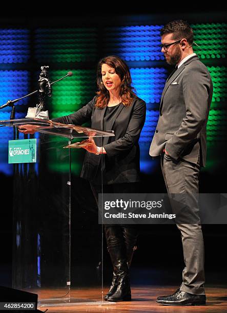 Gina Bianchini of Mightybell and Darrell Etherington of TechCrunch speak onstage during the TechCrunch 8th Annual Crunchies Awards at the Davies...