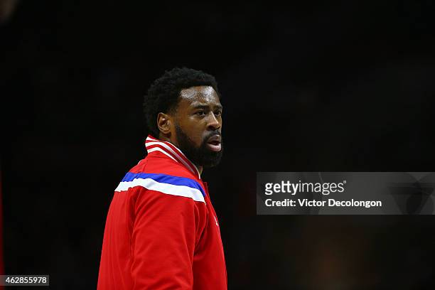 DeAndre Jordan of the Los Angeles Clippers looks on during warm-up prior to the NBA game against the Atlanta Hawks at Staples Center on January 5,...