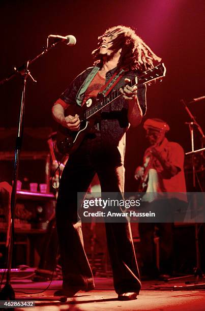 Jamaican reggae legend Bob Marley performs live on stage at the Hammersmith Odeon on June 01, 1977 in London, England.