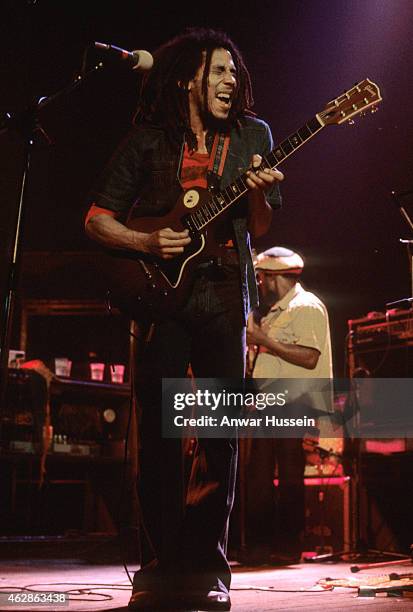 Jamaican reggae legend Bob Marley performs live on stage at the Hammersmith Odeon on June 01, 1977 in London, England.