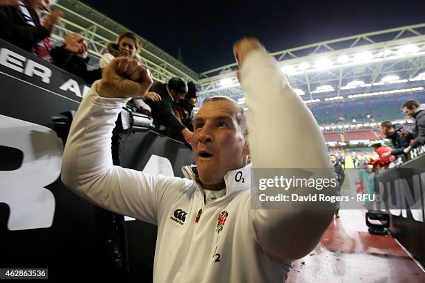 Stuart Lancaster the head coach of England celebrates following his team's 21-16 victory during the RBS Six Nations match between Wales and England...