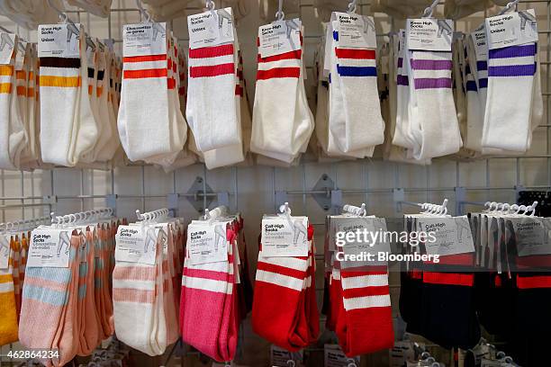 Knee-high socks are displayed for sale at the American Apparel Inc. Factory boutique in downtown Los Angeles, California, U.S., on Wednesday, Feb. 4,...