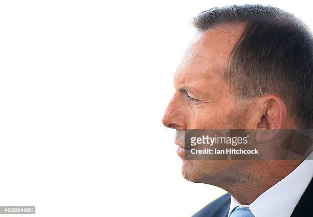 Prime Minister Tony Abbott speaks at a media conference at Townsville Airport on February 7, 2015 in Townsville, Australia.