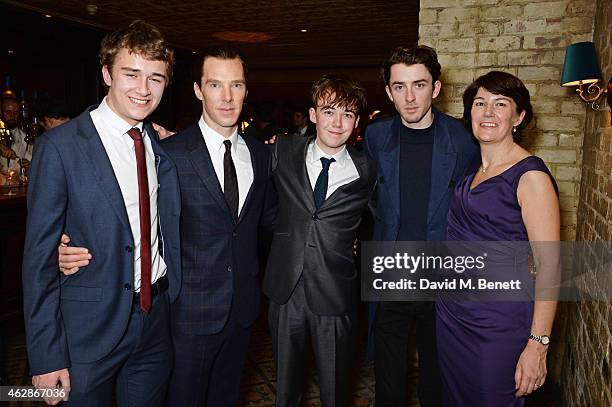 Tom Barnes, Benedict Cumberbatch, Alex Lawther, Matthew Beard and Rachel Barnes, neice of Alan Turing, attend Harvey Weinstein's BAFTA Dinner in...