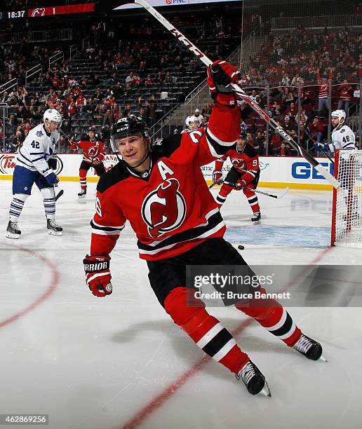 Patrik Elias of the New Jersey Devils celebrates his 400th career goal at 1:23 of the second period against the Toronto Maple Leafs at the Prudential...