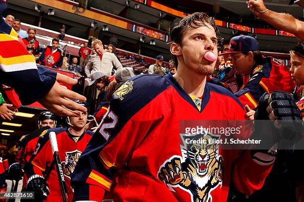 Tomas Kopecky of the Florida Panthers heads out to the ice prior to the start of the game against the Los Angeles Kings at the BB&T Center on...