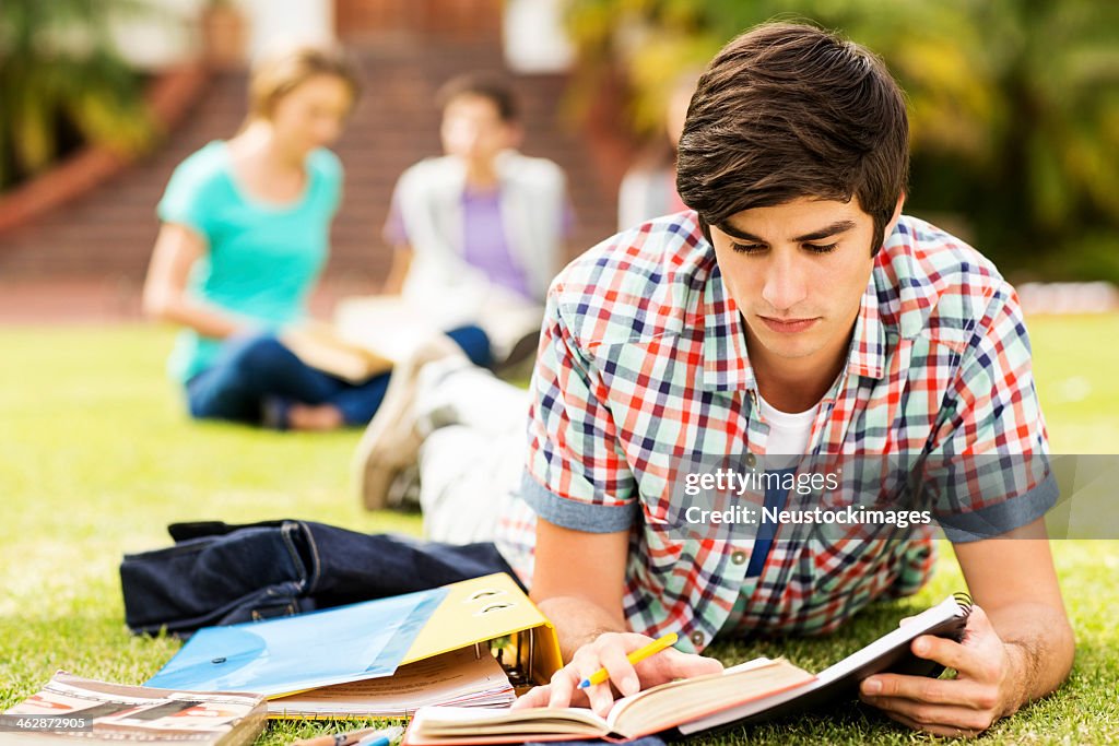 Männliche Schüler lesen Buch mit Gruppe im Hintergrund auf dem Campus