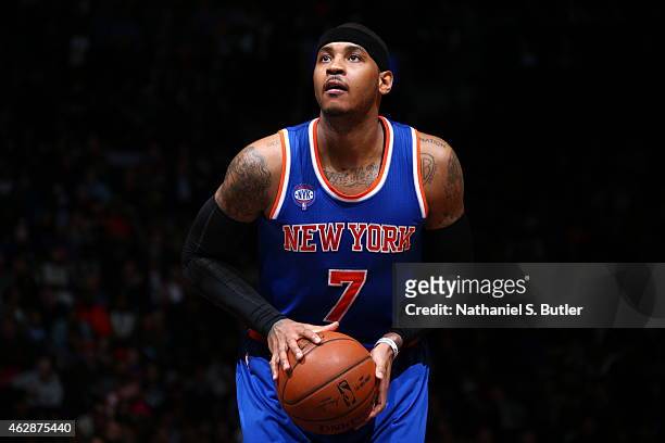 Carmelo Anthony of the New York Knicks prepares to shoot a free throw against the Brooklyn Nets on February 6, 2015 at the Barclays Center in the...