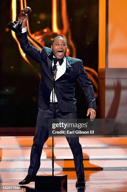 Actor Anthony Anderson, winner of the award for Outstanding Actor in a Comedy Series, speaks onstage at the 46th Annual NAACP Image Awards on...