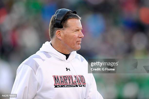 Head coach Randy Edsall of the Maryland Terrapins watches the game against the Marshall Herd during the 2013 Military Bowl at Navy-Marine Corps...