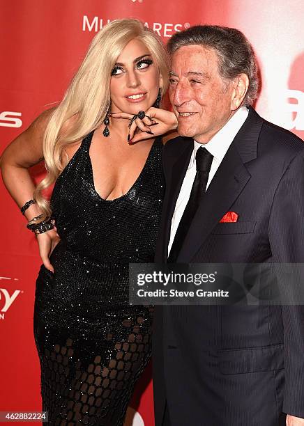 Recording artists Lady Gaga and Tony Bennett attend the 25th anniversary MusiCares 2015 Person Of The Year Gala honoring Bob Dylan at the Los Angeles...