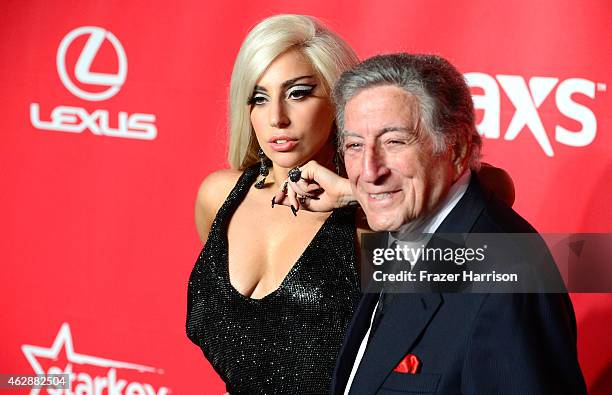 Singers Lady Gaga and Tony Bennett attend the 25th anniversary MusiCares 2015 Person Of The Year Gala honoring Bob Dylan at the Los Angeles...