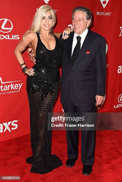 Singers Lady Gaga and Tony Bennett attend the 25th anniversary MusiCares 2015 Person Of The Year Gala honoring Bob Dylan at the Los Angeles...