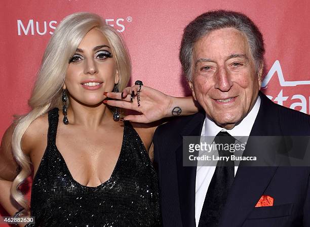 Recording artists Lady Gaga and Tony Bennett attend the 25th anniversary MusiCares 2015 Person Of The Year Gala honoring Bob Dylan at the Los Angeles...