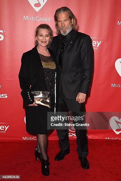 Actors Susan Geston and Jeff Bridges attend the 25th anniversary MusiCares 2015 Person Of The Year Gala honoring Bob Dylan at the Los Angeles...
