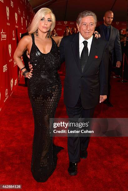 Singers Lady Gaga and Tony Bennett attend the 25th anniversary MusiCares 2015 Person Of The Year Gala honoring Bob Dylan at the Los Angeles...