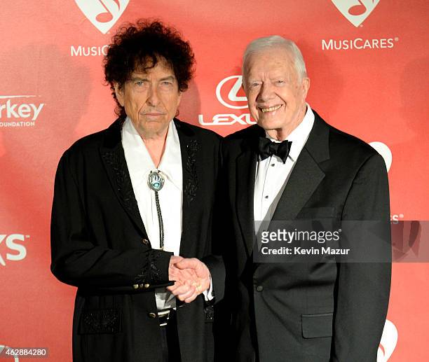 Bob Dylan and former United States President Jimmy Carter attend the 25th anniversary MusiCares 2015 Person Of The Year Gala honoring Bob Dylan at...