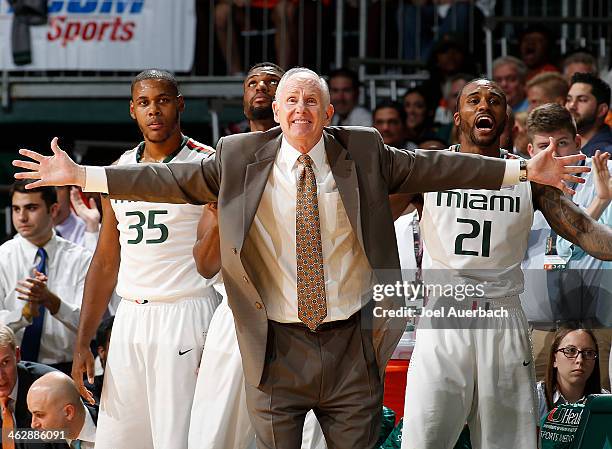 Head coach Jim Larranaga of the Miami Hurricanes reacts to second half action against the Florida State Seminoles on January 15, 2014 at the...