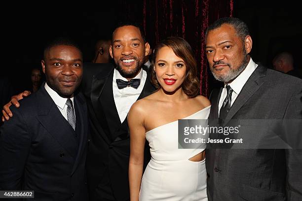 Actors David Oyelowo, Will Smith, Carmen Ejogo and Laurence Fishburne attend the 46th NAACP Image Awards presented by TV One at Pasadena Civic...