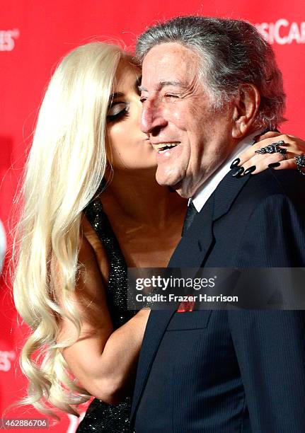 Singers Lady Gaga and Tony Bennett attend the 25th anniversary MusiCares 2015 Person Of The Year Gala honoring Bob Dylan at the Los Angeles...