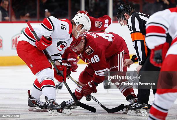 Alex Bolduc of the Arizona Coyotes faces off against Andrej Nestrasil of the Carolina Hurricanes during the NHL game at Gila River Arena on February...