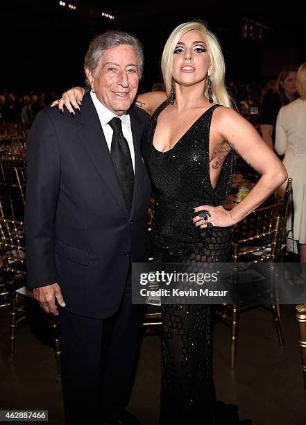 Tony Bennett and Lady Gaga attend the 25th anniversary MusiCares 2015 Person Of The Year Gala honoring Bob Dylan at the Los Angeles Convention Center...