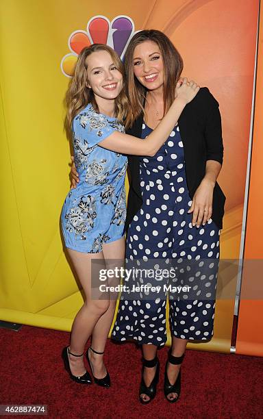 Actresses Bridgit Mendler; Bianca Kajlich attend the NBCUniversal 2015 Press Tour at the Langham Huntington Hotel on January 16, 2015 in Pasadena,...