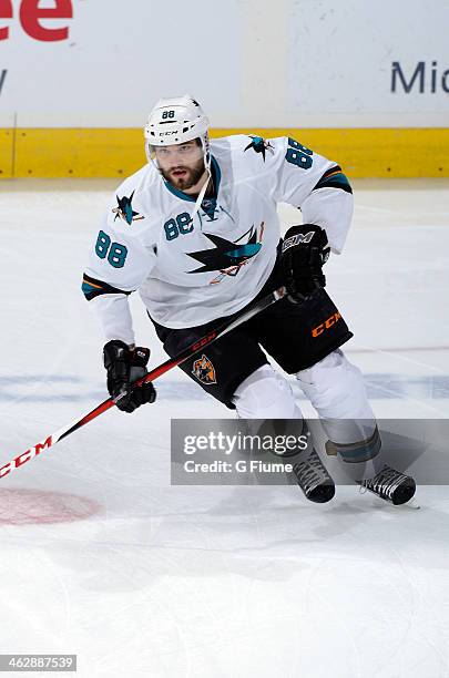 Brent Burns of the San Jose Sharks warms up before the game against the Washington Capitals at the Verizon Center on January 14, 2014 in Washington,...