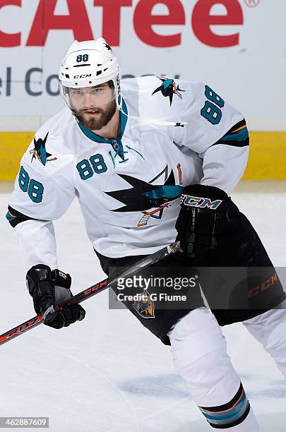 Brent Burns of the San Jose Sharks warms up before the game against the Washington Capitals at the Verizon Center on January 14, 2014 in Washington,...