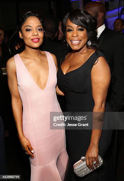 Actresses Tessa Thompson and Niecy Nash attend the 46th NAACP Image Awards presented by TV One at Pasadena Civic Auditorium on February 6, 2015 in...